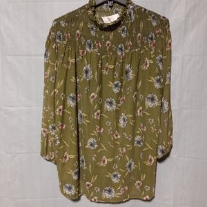 NWT Cato est 1946 Olive Green Floral Blouse, Medium, Gathered Neckline